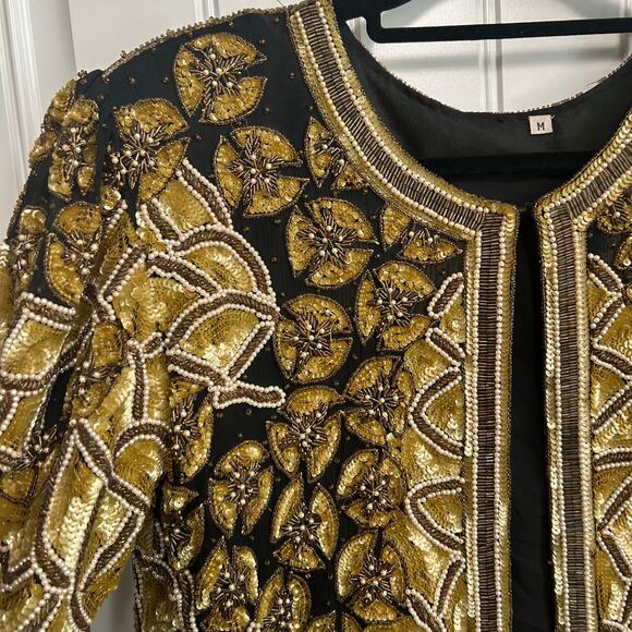 Vintage Handmade Silk Beaded Jacket M Gold India Wearable Art Collector Piece - Picture 16 of 16